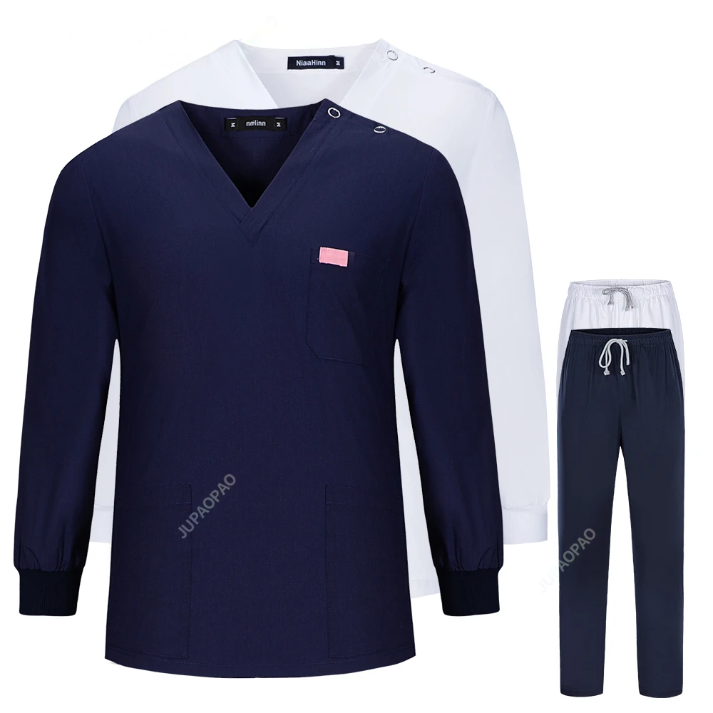 

Unisex Scrub Set V-neck Top+pants Uniform Long Sleeved Doctor Clothes Overalls Pet Grooming Nursing Uniform Surgical Workwear