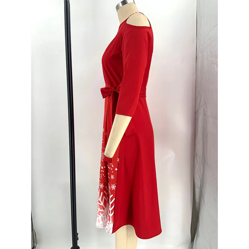 Temperament Elegant O-Neck Snowflake Print Off Shoulder Three Quarter Sleeve Autumn Lacing Zipper Midi Plus Size Dress for Women