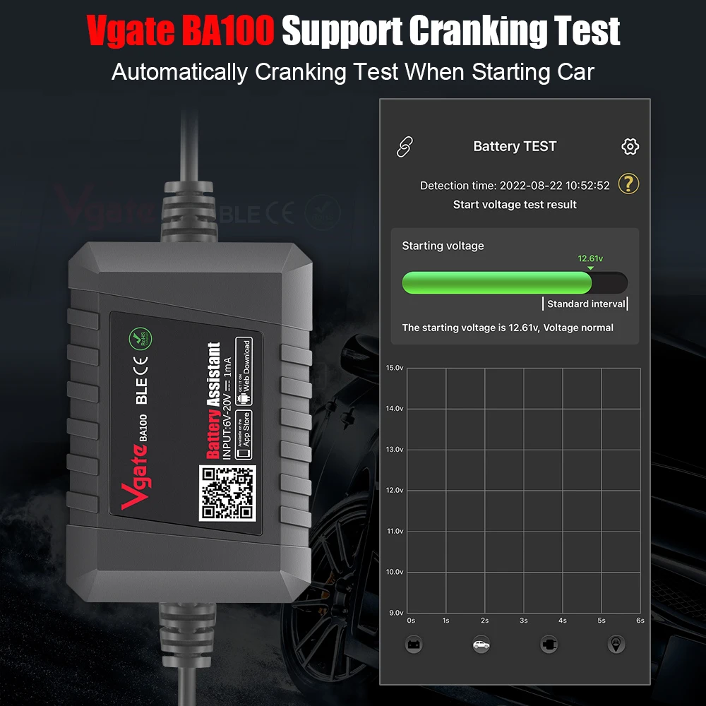 Battery Monitoring Tester Original Vgate BA100 Car Battery Tester 12V Monitor Bluetooth 4.0 Car Battery Assistant work with iOS & Android helper battery monitoring tester