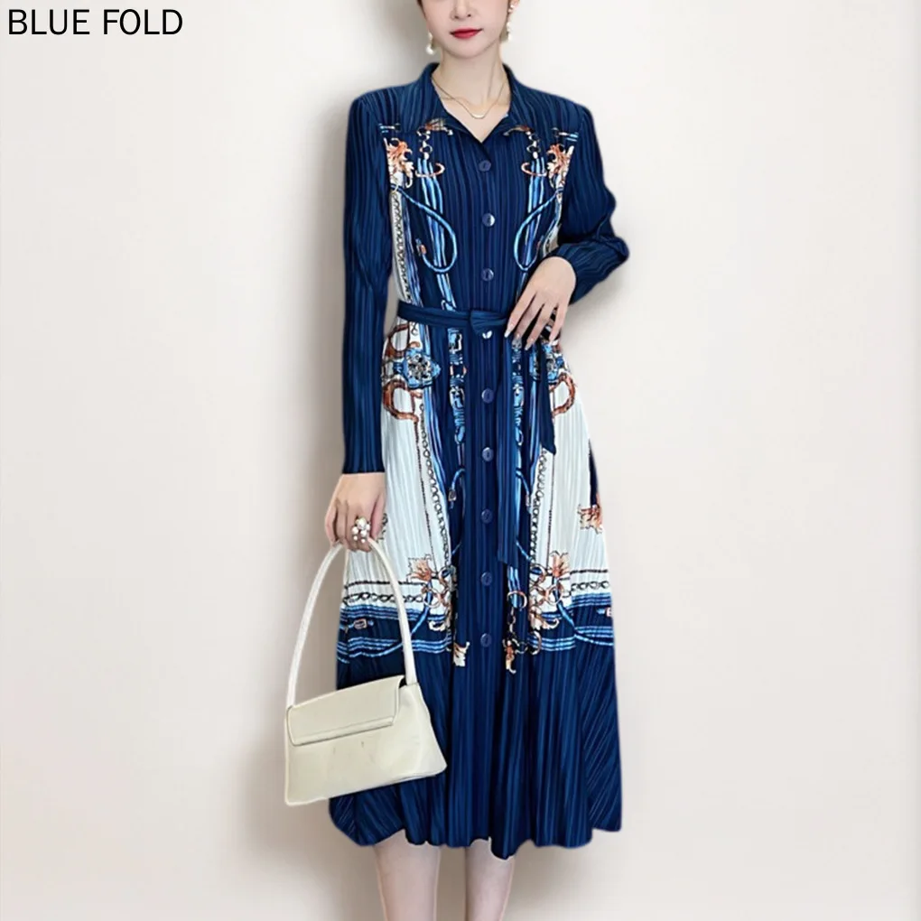 

Fashionable Cardigan Women's Spring and Summer PLEATS Dress Design Printed Lapel Single-breasted Lace-up Miyake Dress Elegant