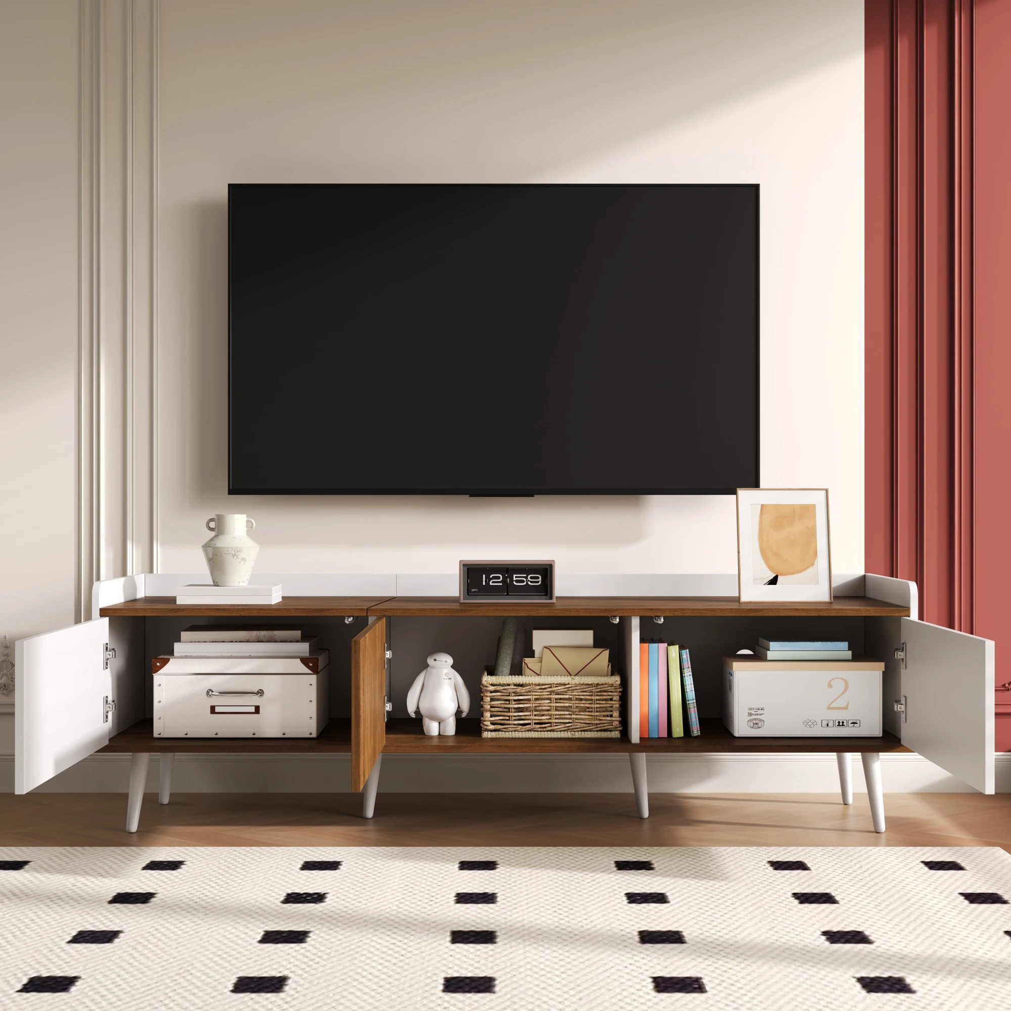 TV-Schrank, TV-Tisch, TV-Ständer, dreitürige Basiseinheit. Kompaktes Design. Schwarzes und natürliches Holz. – Detail 12