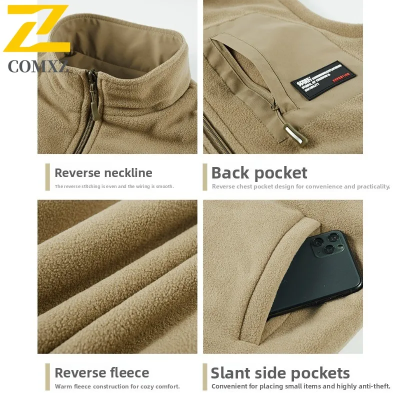 COMXZ 2025 Urban Workwear Vest Mens 2 Way Design Solid Color Wool Lined Sleeveless Coat Wind Waterproof For City Outdoor