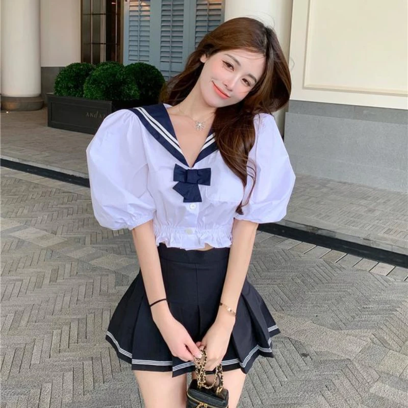 

Женская рубашка с коротким рукавом и плиссированная юбка с высокой талией, летний костюм, базовые костюмы из двух предметов, женские костюмы с юбкой G114