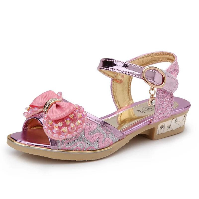 Children Princess Sandals Kids Girls Wedding Shoes High Heels Dress Shoes Bowtie Gold Pink Sandals for Girls