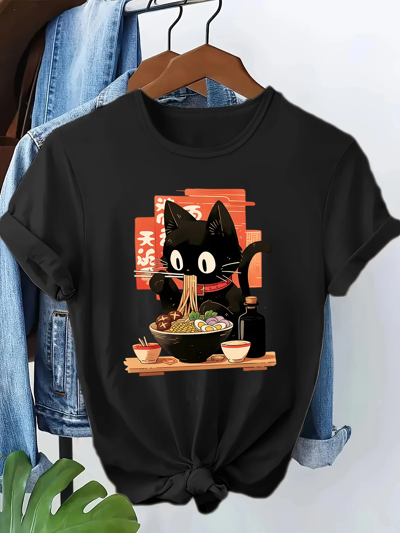 Japanisches Ramen Cat Casual T-Shirt mit lustigem Aufdruck, Vintage-Damen-T-Shirt mit lässigem Grafikdruck, kurzärmelig, Sommer-T-Shirt, atmungsaktiv und erfrischend