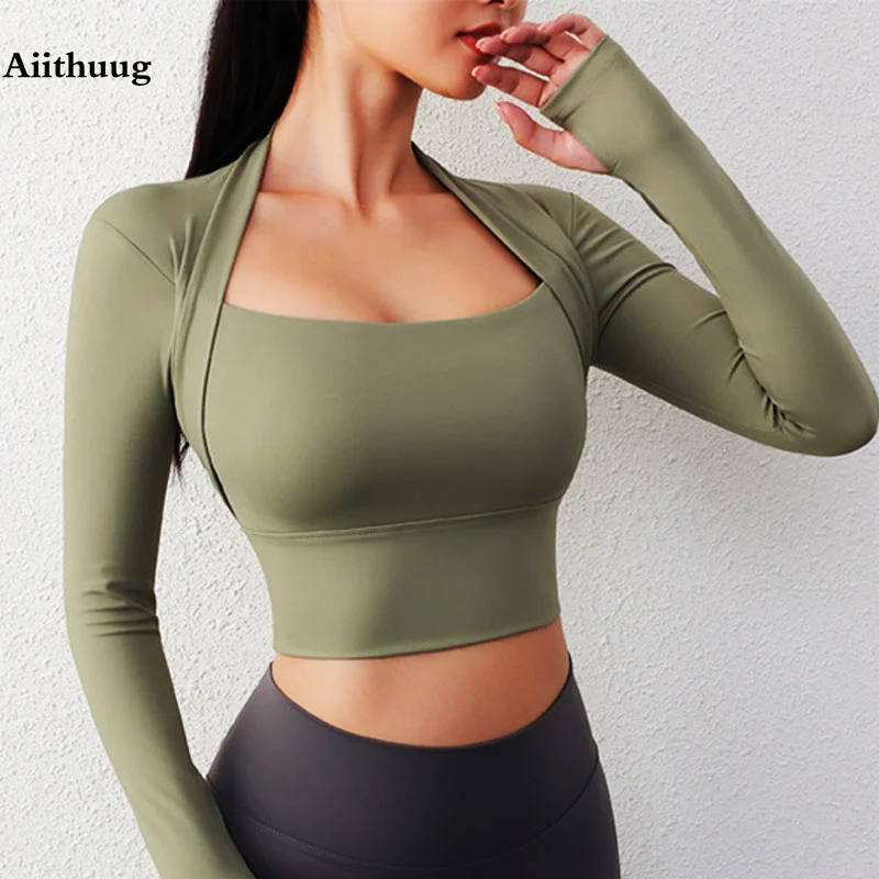 Aiithuug Yoga Crop Tops Long Sleeve Gym Shirts Workout Top Women Sports  Padded Cup Running Tops Sexy Waist Crisscross Waist - AliExpress