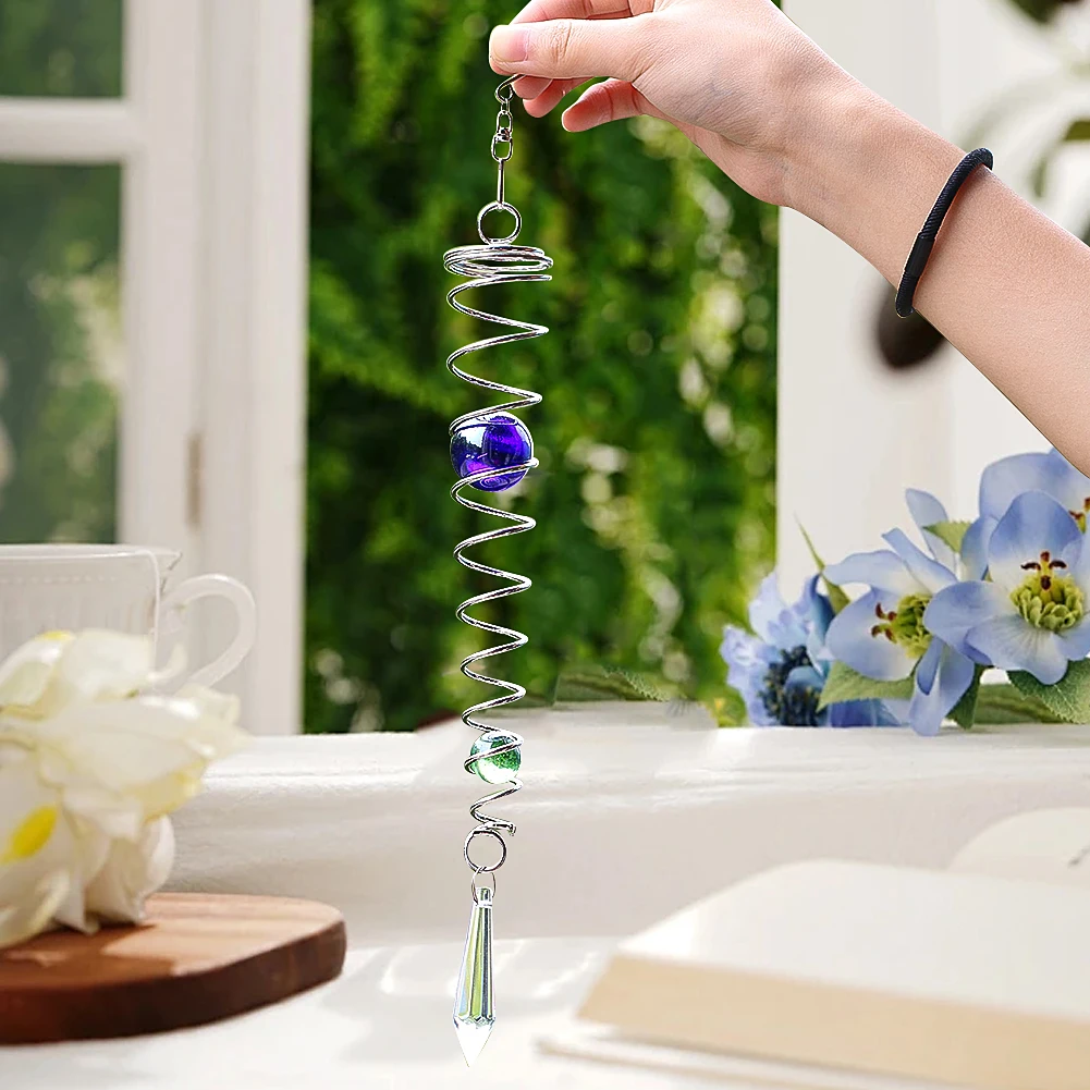 Metal Spiral Crystal Ball Hanging Wind Chime Glass Double Bead Pendant Home Wedding Outdoor Garden Decoration Yard Bird Repeller 4