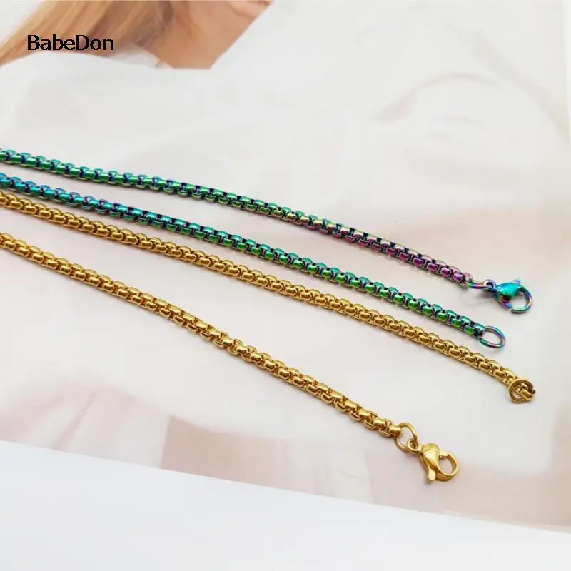 BabeDon 2MM 2.5MM 3MM Box Chains Stainless Steel Necklace DIY Long Necklaces Jewelry for Women Men Statement 45CM-75CM
