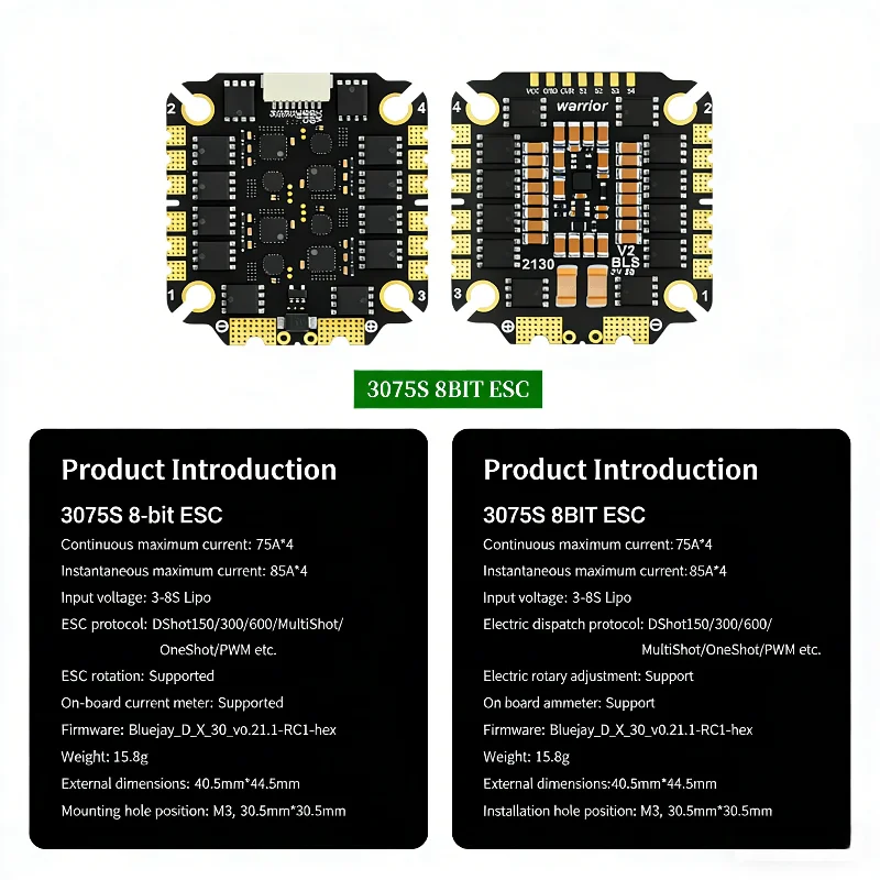 ESC 3075 8 bits 3065 V2 AM32 32 bits 65A 4-en-1 sans balais pour drone de course FPV, installé sur un châssis de drone.
