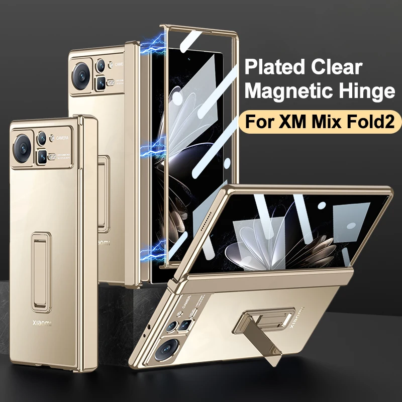 

GKK Magnetic Hinge With Bracket Case For Xiaomi Mix Fold 2 Cover Clear Plating With Screen Glass Hard For Xiaomi Mix Fold2 Case