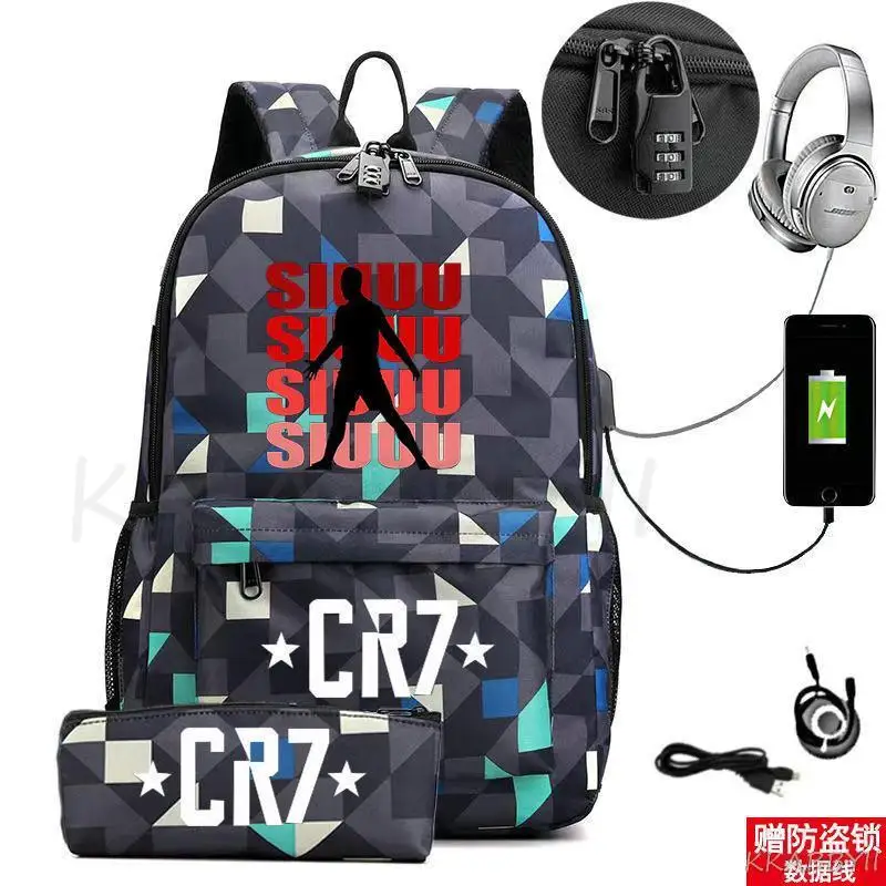 Mochila CR7 para ordenador portátil, morral escolar de viaje con USB, bolsa de capacidad para estudiantes, novedad