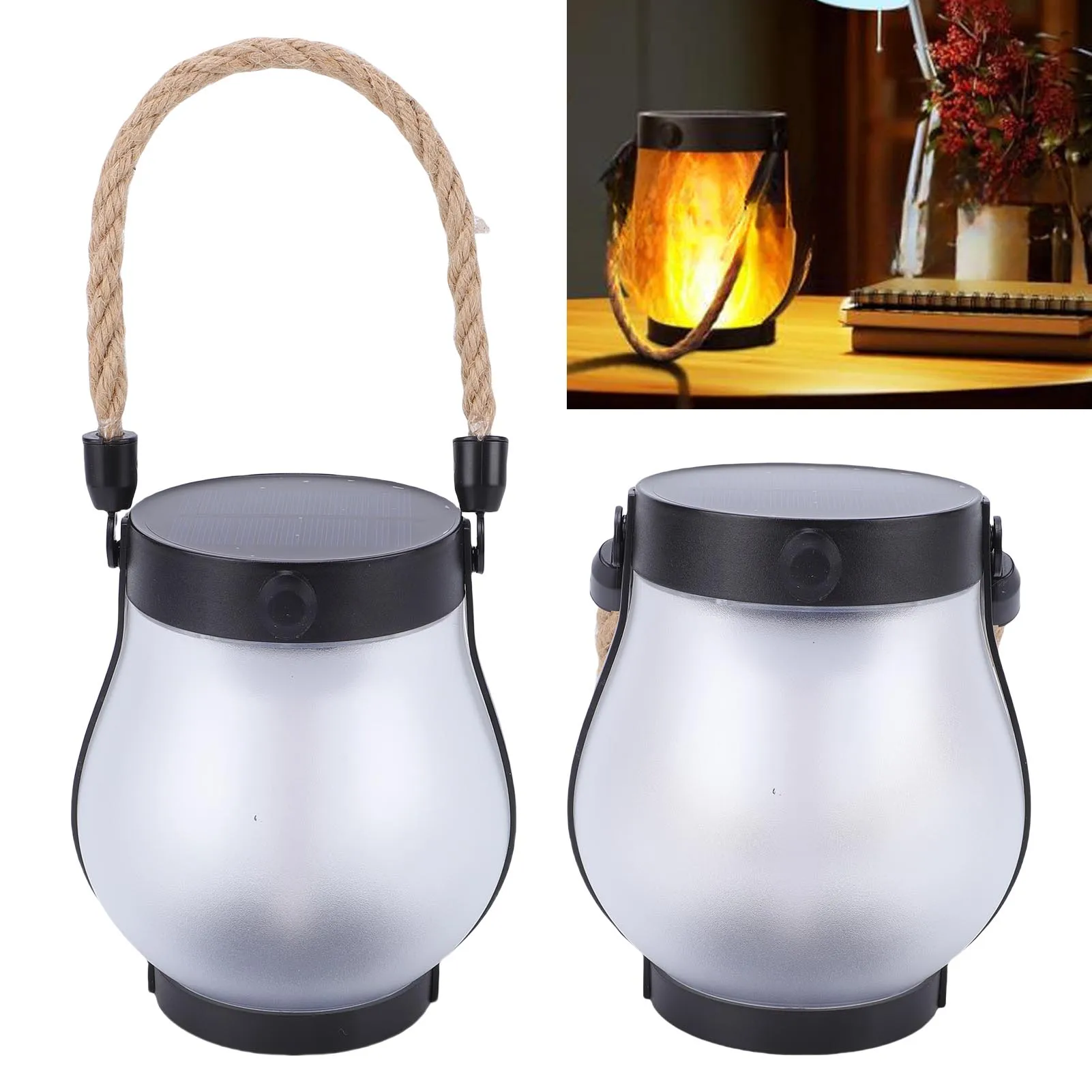 2pcs Solar Lantern Outdoor Lights Solar Powered USB Rechargeable Outdoor Lanterns with Realistic Flickering Fire Hemp Rope Desig