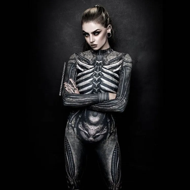 thumbnail image 1 of Mono ajustado de manga larga con estampado 3D para mujer, disfraz de Halloween, carnaval, terror, esqueleto humano, para cosplay, 1 of 5
