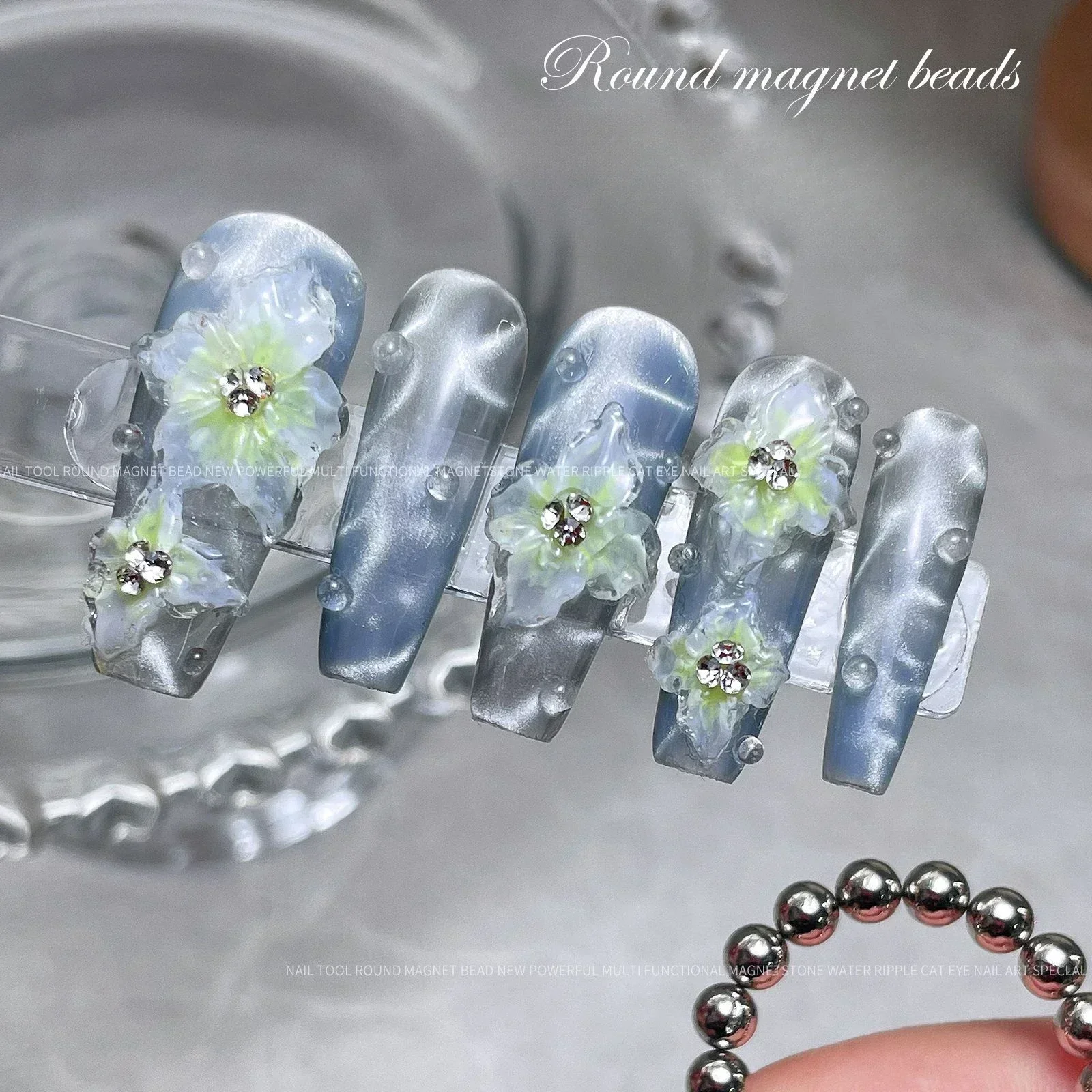 10pcs Magnet Cat's Eye Beads magnetic nail art tools cat eye nail tool magnetic nail tools 3D Flower Carving Round Water Ripple Line Cat's Eye Round Magnet Beads Nail Art Design Tools