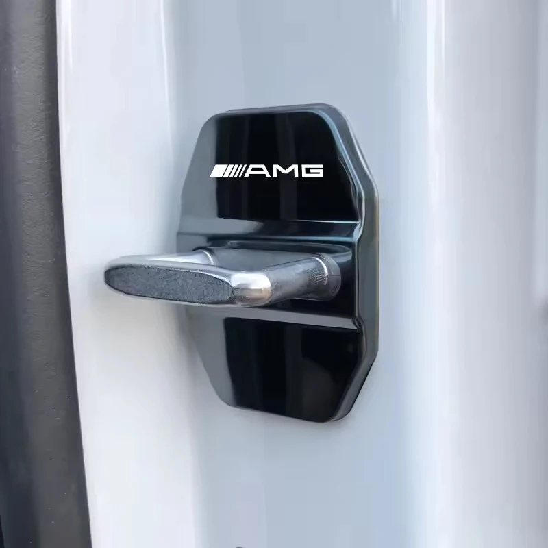 4Pcs 아연 합금 자동차 도어 잠금 버클 보호 커버 메르세데스 벤츠 AMG W205 W204 W2 용 충돌 방지 충격 흡수 쿠션