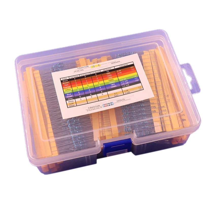 

2600 шт., 130 значений, 1/4 Вт, 0,25 Вт, Металлические пленочные резисторы, стандартный комплект, набор резисторов, ассортимент резисторов