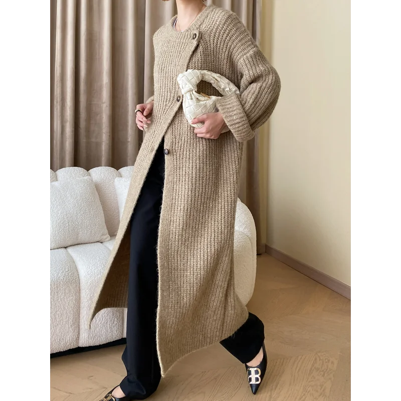 

Autumn Thick Knitted Cardigans Rabbit Wool Blend Sweater Senior Outwear Loose Long Coat Straight Jumpers Round Neck Slanted Tops