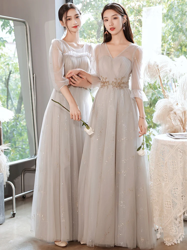 Elegant Grey Bridesmaid Dress 2022 New Sequins Illusion Tulle Sisters Long  Wedding Party Dresses Female Formal Gowns