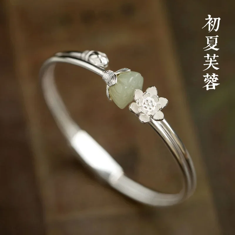 

Ethnic Style Lotus Silver Plated Bracelet With Opening Imitated Hetian Jade Lotus Peng Bracelet Antique Bracelet Jewelry