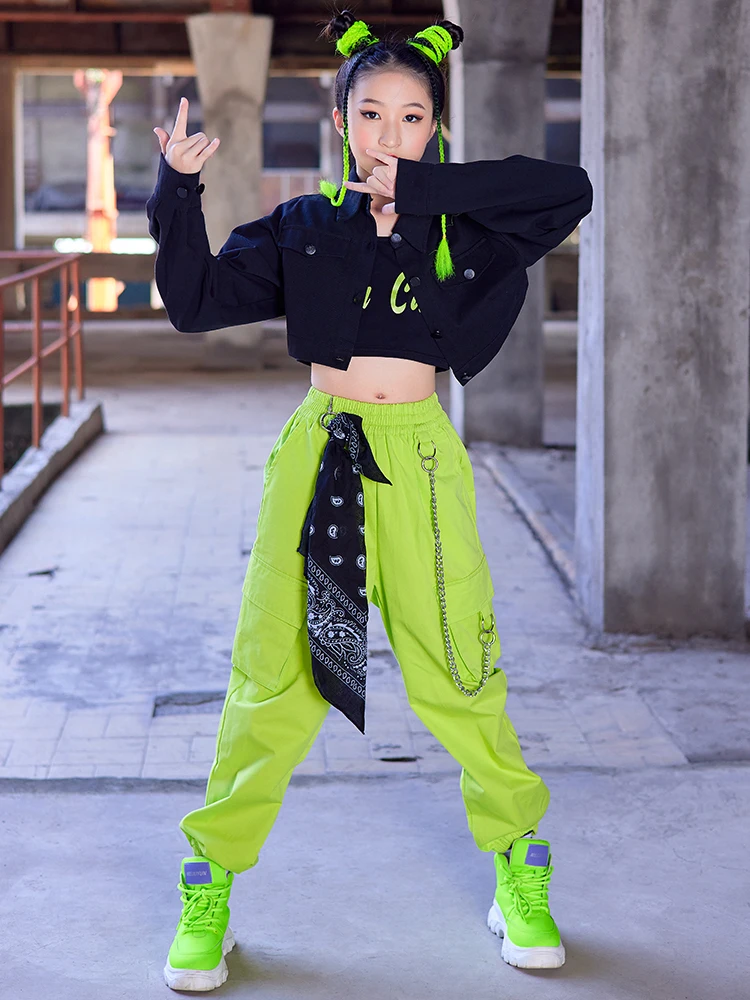 New Girls Modern Dance Clothes Long Sleeved Black Coat Green Cargo Pants  Kids Hip Hop Costume Concert Show Stage Clothing BL9499 - AliExpress