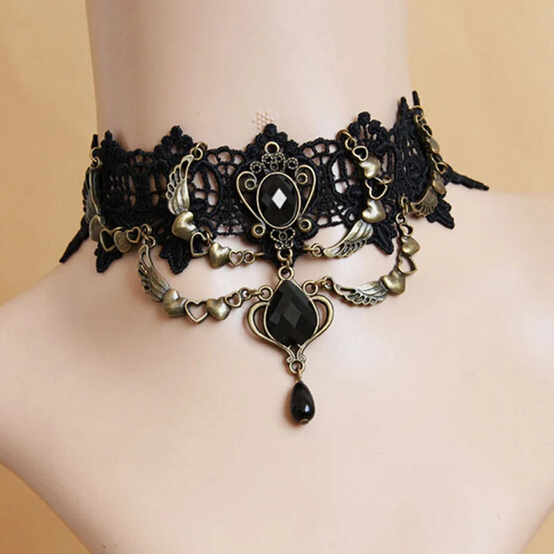 Gothic Crystal Black Lace Choker Necklace for Women
