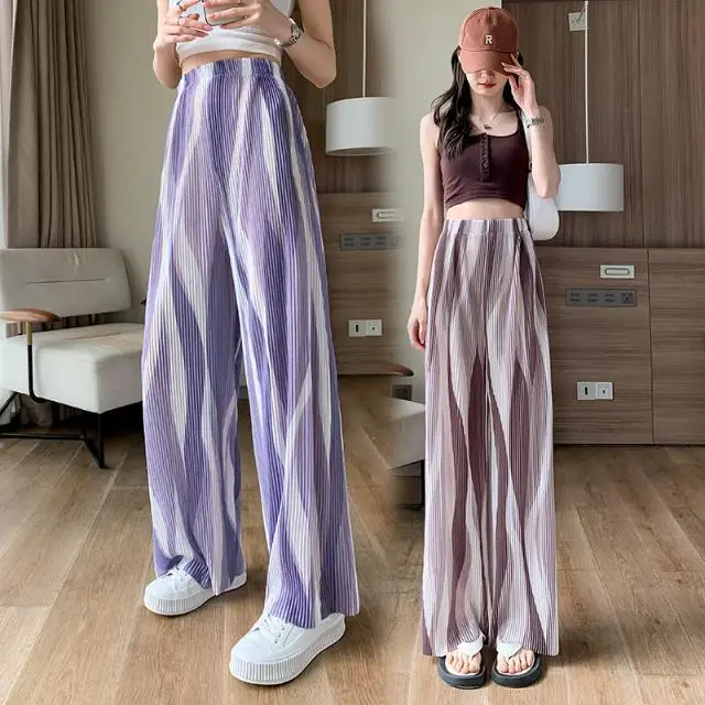 

Pleated Wide-leg Pants Women's Summer Thin High-waisted Draped Straight Pants Tie-dye Casual Full Length Trousers