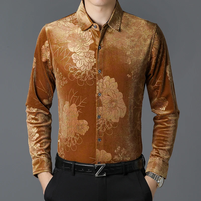 

New Fashion Men's Velvet Floral Clothing 2022 Autumn Long Sleeve Gold Velvet Shirts Male Flowers Velvet Dress Shirts
