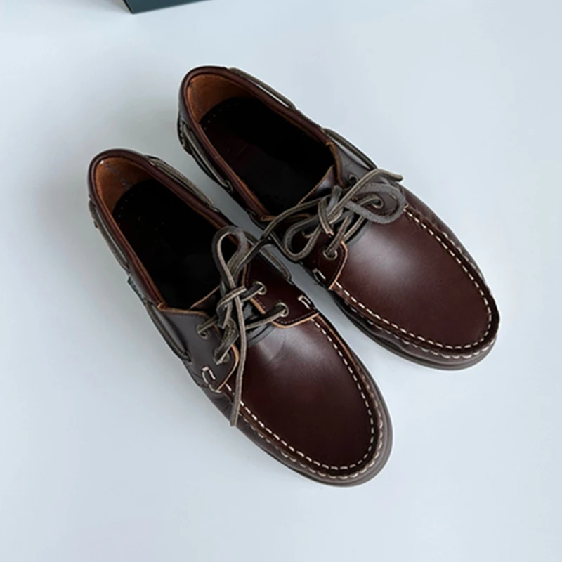 Dave&Di French Lazy Minimalist Oil Wax Cowhide Handmade Loafers Flat Shoes, Vintage Sailor Mocasin Shoes Men's Shoes 4