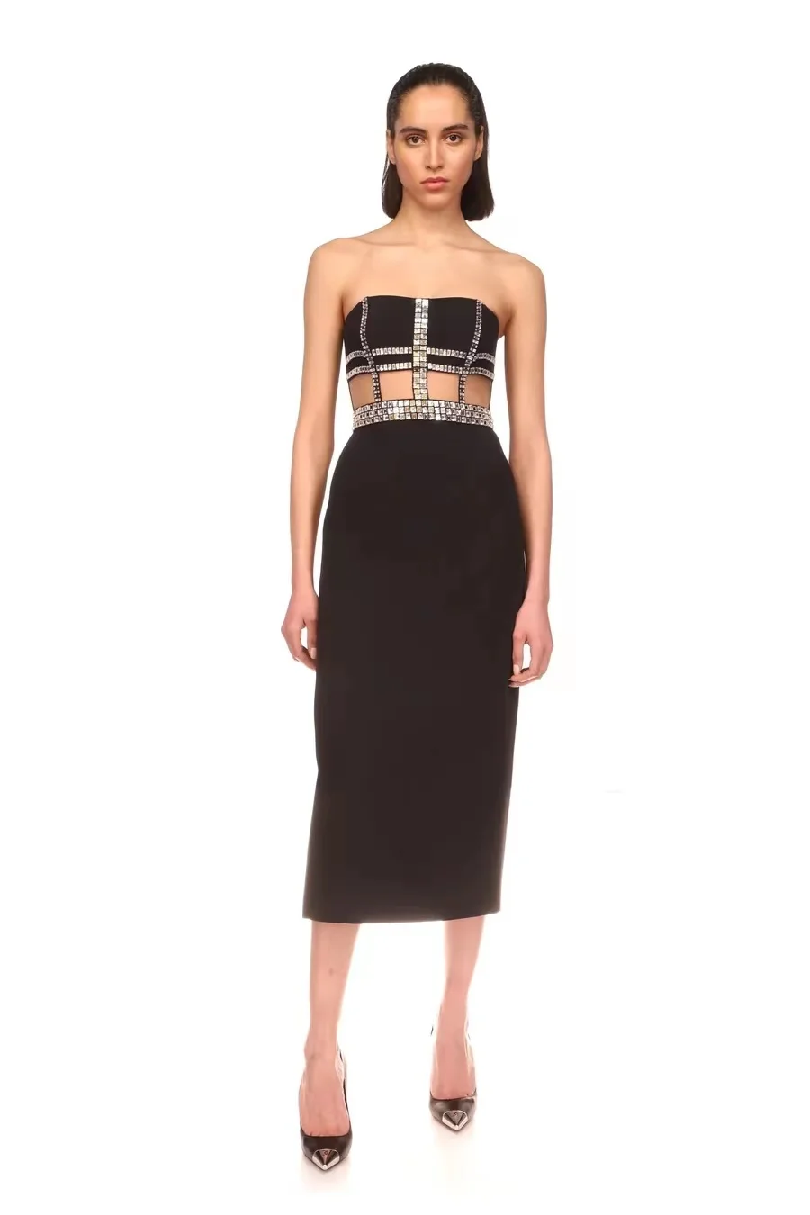 

2023 Summer Black Color Shining Diamonds Sexy Hollow Out Strapless Midi Dress Woman Fashion Show Vestido Cocktail Party Outfit