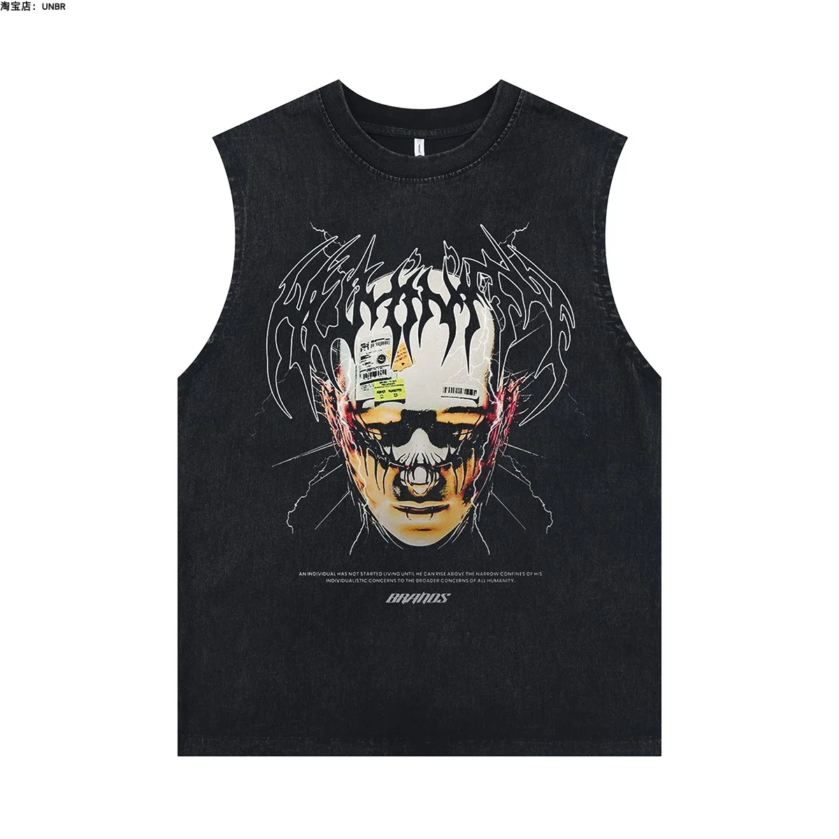 Summer Europe and The United States Retro Wash To Do Old Rock Hip Hop Round Collar Vest Printed Loose Vest Men's Cotton Casual 2