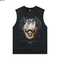 Summer Europe and The United States Retro Wash To Do Old Rock Hip Hop Round Collar Vest Printed Loose Vest Men's Cotton Casual 2