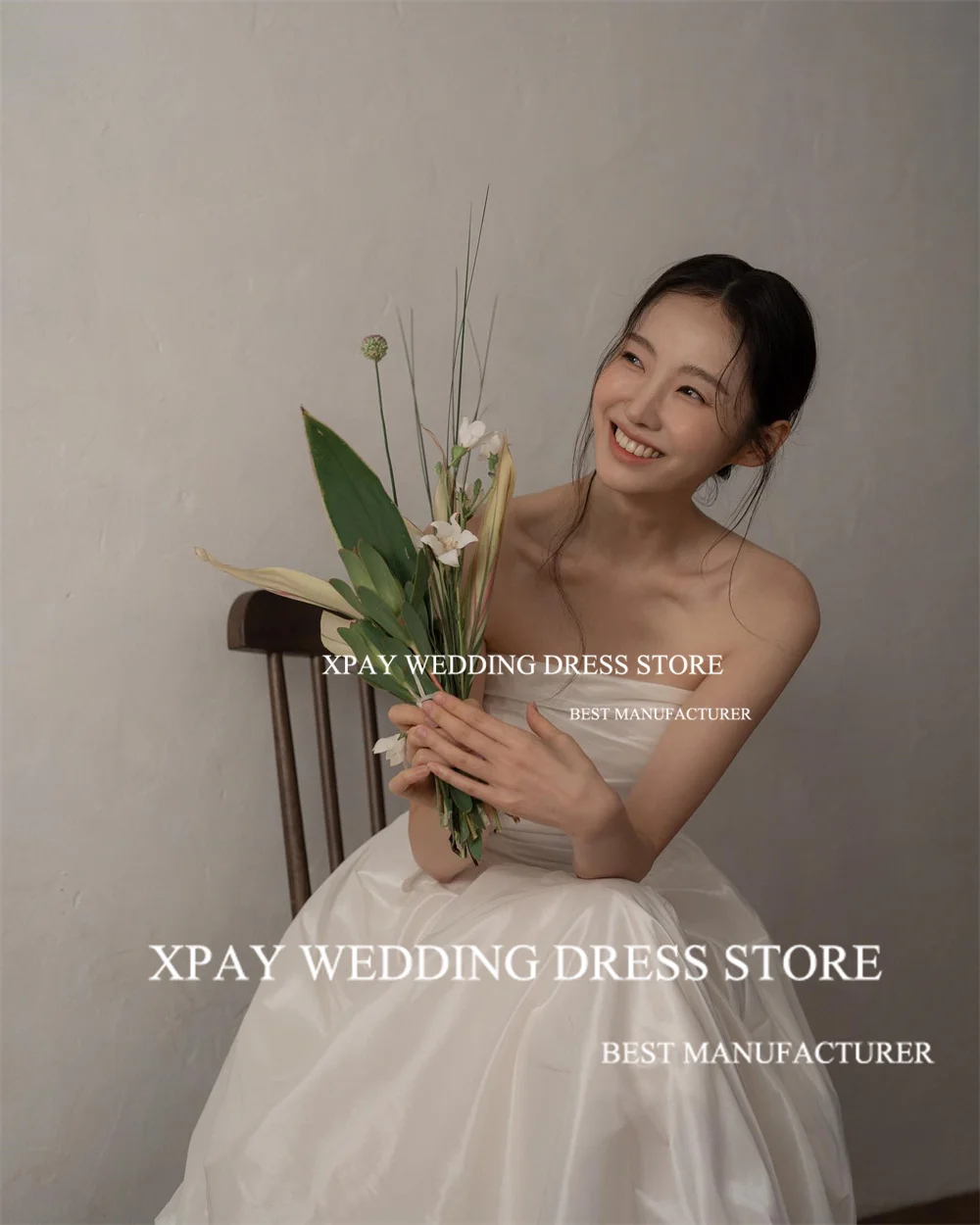 XPAY Strapless A Line Korea Wedding Dresses Customized Pleats Taffeta Bridal Dress Backless Wedding Photos Shoot Bride Gown 4