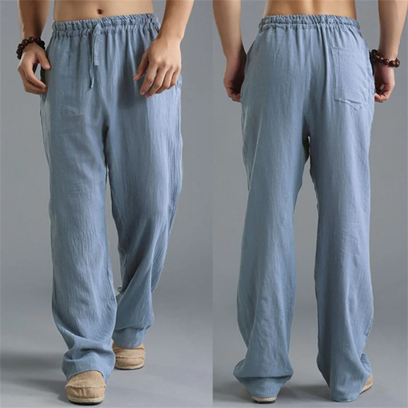 Solid Color Cotton Linen Men Pants Minimalist Basic Casual Drawstring Trousers Thin Plus Size Loose Straight Leg Pant 4