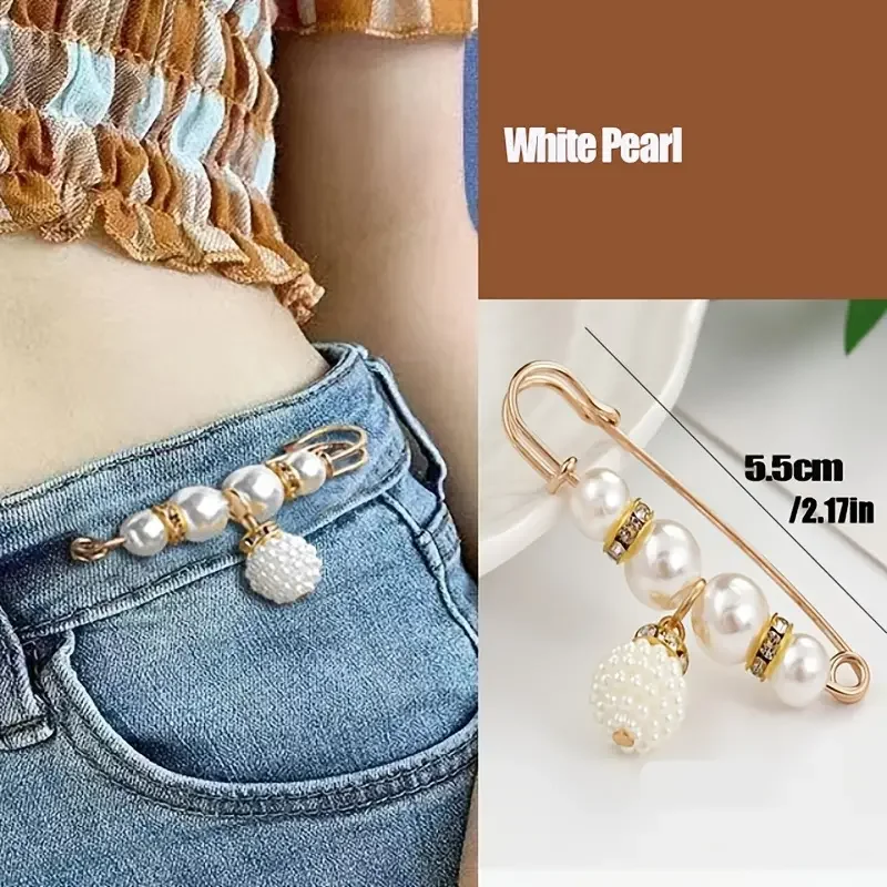 8 Pcs Rhinestone & Faux Pearl Decor Brooch Pin Cute Metal Waist Tightener Elegant Buckle Clothing Accessory