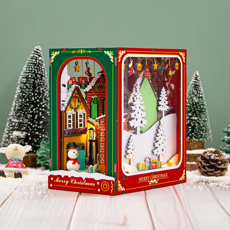 DIY Wooden Winter of Christmas Book Nook Shelf Insert Miniature Model Kits With Furniture Lights Bookshelf Bookend Friends Gifts 3