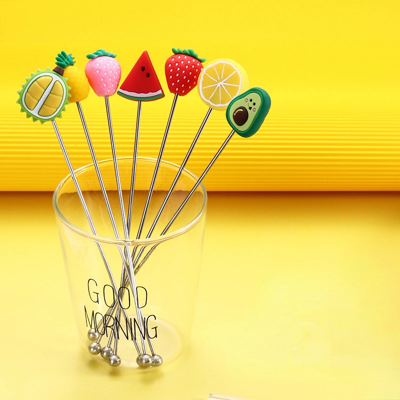 Silicone Fruits Head Stainless Steel Stirring Rod Long Handle Cocktail Drink Mixing Sticks Mixer Barware Muddler Bar Accessories cocktail stirrers