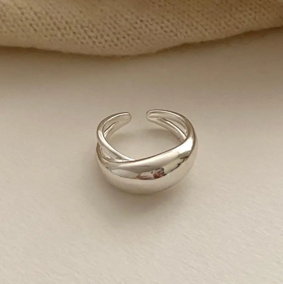 Silver Rings Silver Ring PANJBJ 925 Sterling Silver Wide Smooth Ring for Women Girl Irregular Simple Fashion Adjustable Jewelry Gift