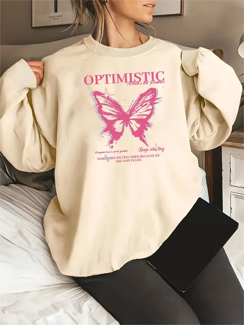 Women Butterfly Print Long Sleeve Crew Neck Slight Stretch Pullover Sweatshirt Casual Tops For Fall & Winter
