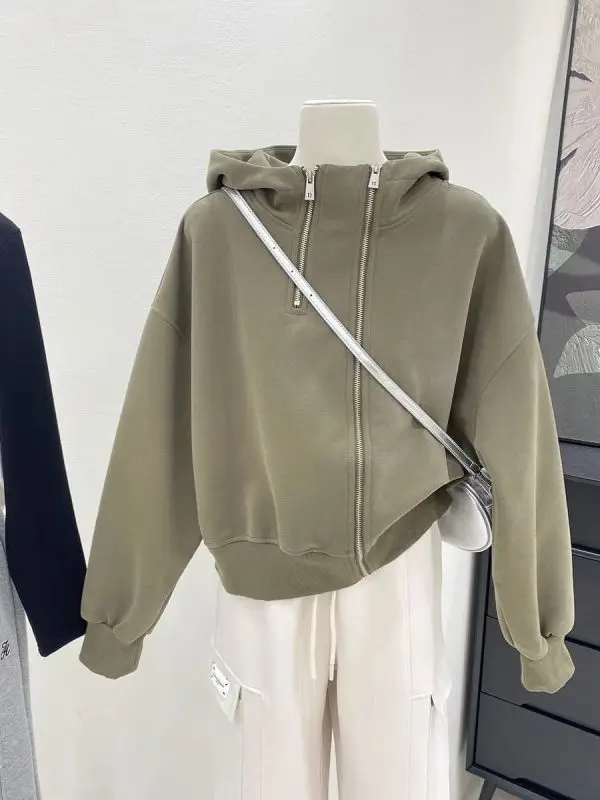 Korean Zipper Design Sense Casual Loose Niche Hoodie Women's Coat Solid Hooded Sweatshirt Korean Fashion Hoodies Pullovers