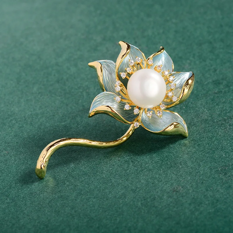 Retro Hand-painted Lotus Natural Freshwater Pearl Brooches Pins Brand Design Statement  Wedding Party Corsage Bouttoniere