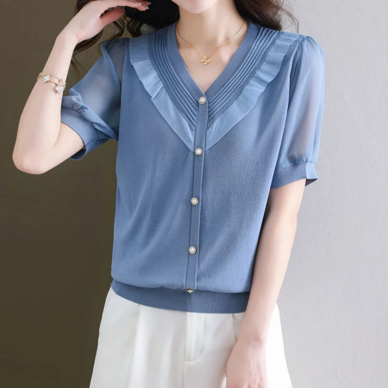 Patchwork Solid Blouses Button Short Sleeve Temperament Simplicity Loose Pullovers V-neck Summer Thin Casual Women's Clothing