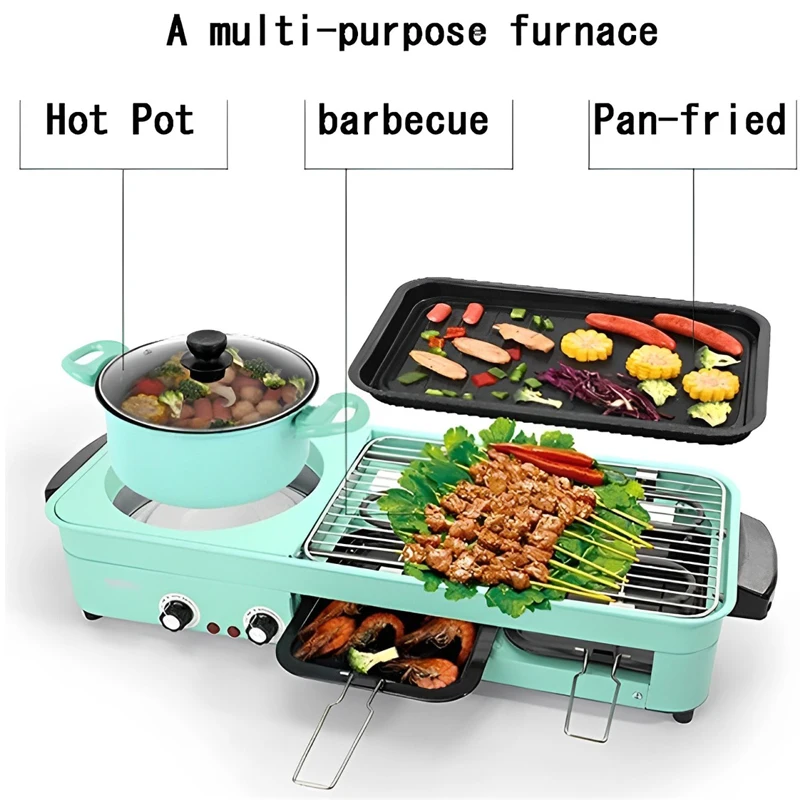Multifunctional Electric Grills, Smokeless 3 in 1 Korean Style BBQ Hot Pot Multi cooker Machine, Non-Stick Electric Baking Pan 2