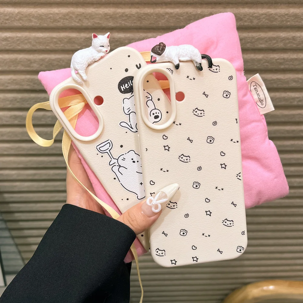 Korea Lovely Dot 3D Cartoon Leather Shockproof Cat Phone Case