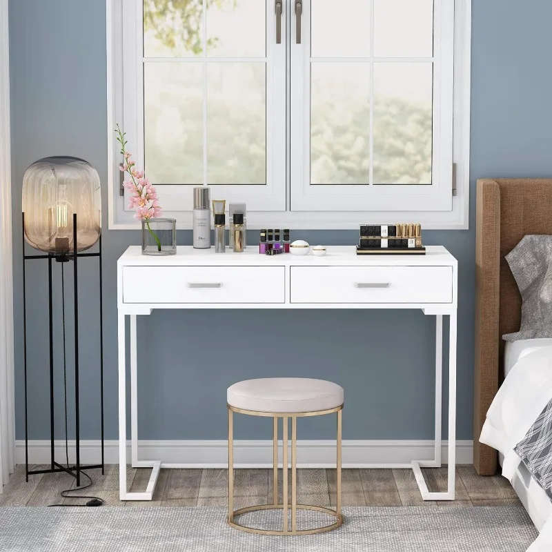 

40 Inch White Computer Desk, White Writing Desk with 2 Drawers, Modern Simple Study Desk Makeup Vanity Table