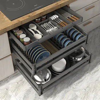 ตู้ครัวตะกร้าอลูมิเนียมอัลลอยด์สามชั้นลิ้นชักชั้นวางจานสีฟ้าชั้นวางภายในตู้ 1