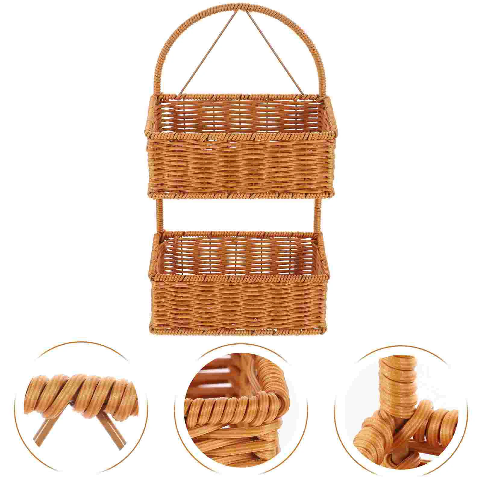 

Double Woven Hanging Basket for Storage Home Wicker Fruit Imitation Rattan Flowers Pot Holder Iron Wall Bins