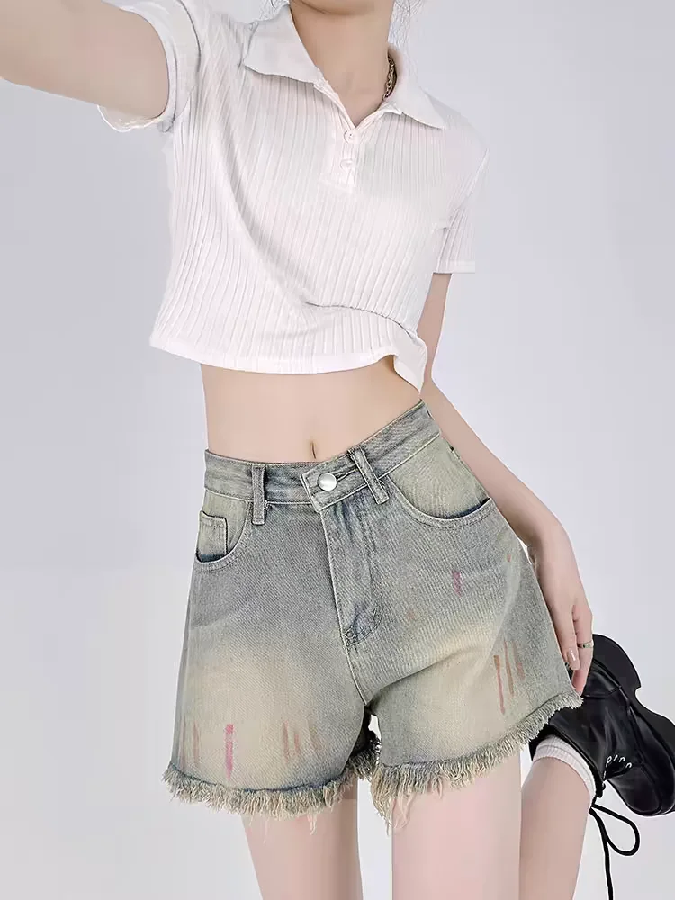 

Women's Tassel Denim Shorts Vintage 90s Aesthetic Streetwear Korean Hight Waist Shorts Harajuku Y2k Short Pants Clothes Summer