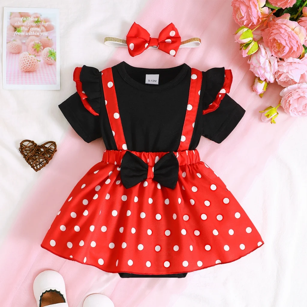 Cute 1-18 Months Infant Red&Black Polka Dot Romper Dress Fly Sleeve Summer Desses with Headband Newborn Baby Girl 2PCS Outfits 1
