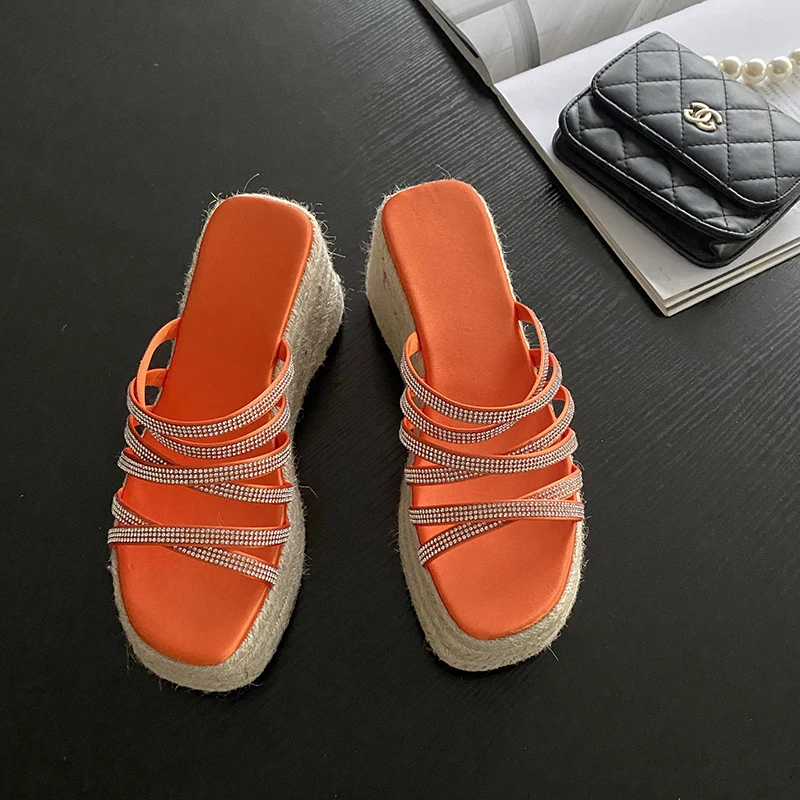 Platform Rattan Grass Woven Wedges Women's Slippers Rhinestone Strap Hollow Summer Slip On Slides Muller Shoes For Women Big 42