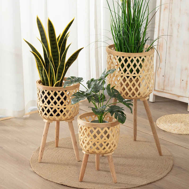 tumor Roestig scheuren Handgemaakte Bamboe Geweven Bloempot Met Houten Staande Benen Stand Plant  Bloem Display Kwekerij Potten Home Tuin Decoratie| | - AliExpress